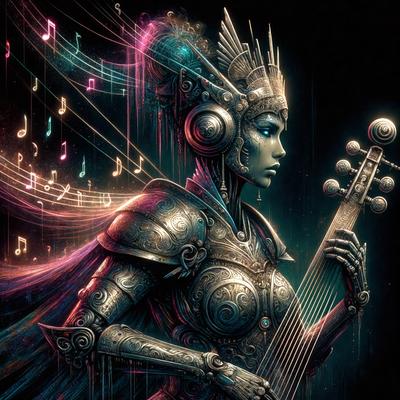 The primary subject of the image is a woman dressed in a futuristic outfit, wearing a crown and holding a musical instrument. She appears to be a musician or a character from a fantasy world. The setting is a dark, futuristic environment, possibly a nightclub or a space-themed venue. The visual style is a combination of digital art and illustration, creating a unique and intriguing scene. The colors and mood of the image are predominantly dark and mysterious, with a touch